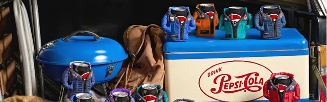 Pepsi x Off Season sweepstakes banner with NFL team can jackets on Pepsi cans next to a barbecue and a vintage Pepsi-Cola cooler.