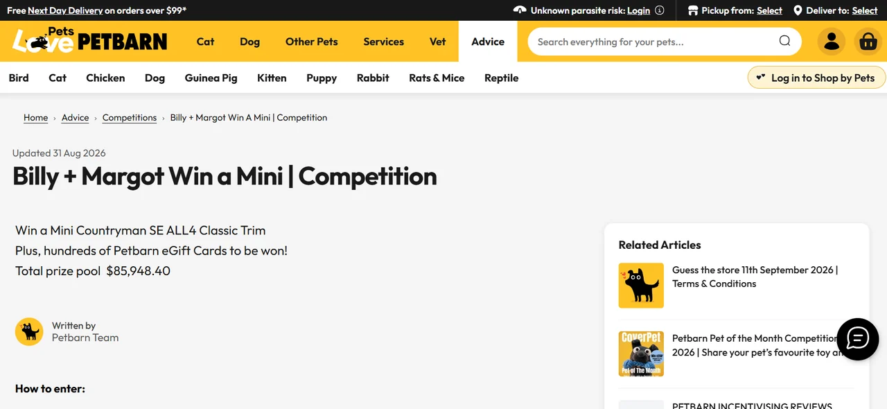 Petbarn × Billy + Margot Win a Mini Countryman 2026 Petbarn competition page for Billy and Margot Win a Mini Countryman