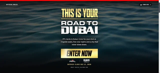 Official PFL Road to Dubai giveaway landing page showing the Road to Dubai headline and entry button.