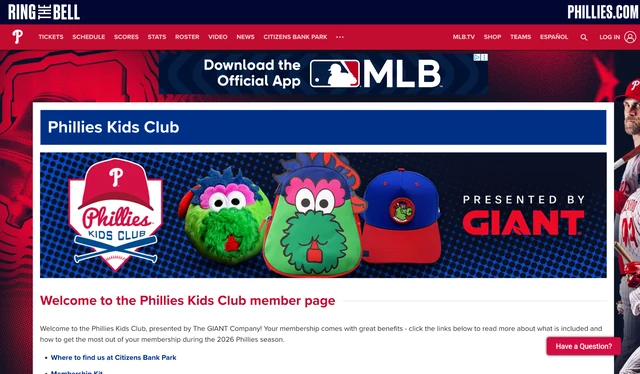 Official Phillies Kids Club page presented by The GIANT Company.