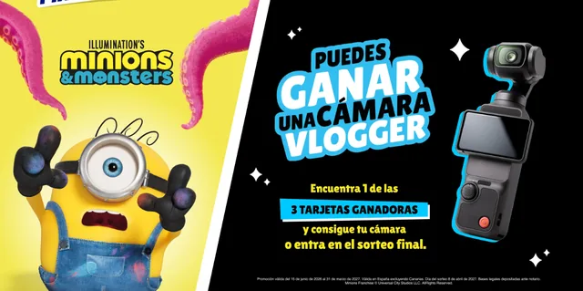 Página oficial de Phoskitos Minions & Monsters con el mensaje «Puedes ganar una cámara vlogger» y una cámara DJI Osmo Pocket.
