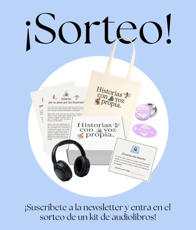 Cartel del sorteo de Planeta Audio con un kit de merchandising: bolsa, caja, auriculares, chapas y una tarjeta con código de escucha.