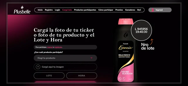 Página oficial de Plusbelle Todo para Vos 2026 con el formulario para cargar lote, hora y ticket.