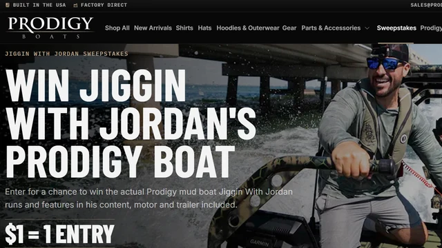 Prodigy Boats Jiggin with Jordan sweepstakes showing Jordan driving the featured mud boat