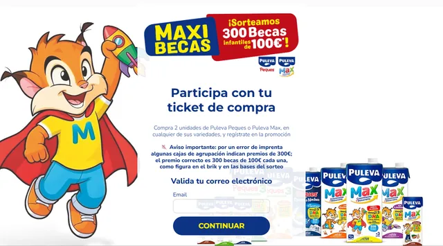 Página oficial de participación de Puleva Maxi Becas con el mensaje «Sorteamos 300 becas infantiles de 100 €» y la mascota de Puleva Max.