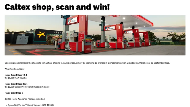 Official RAA × Caltex Shop, Scan and Win 2026 page showing the campaign header and fuel station visual.