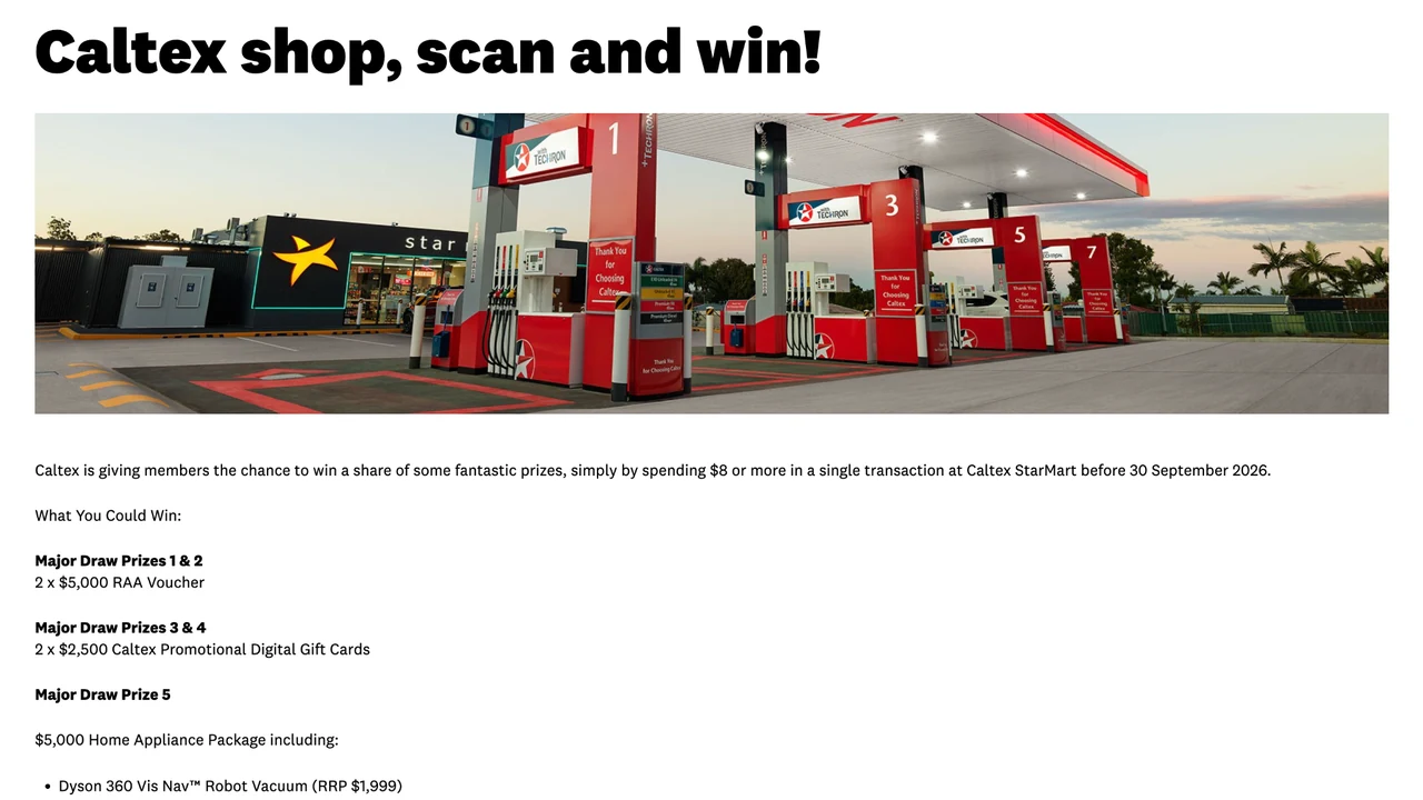 Official RAA × Caltex Shop, Scan and Win 2026 page showing the campaign header and fuel station visual.