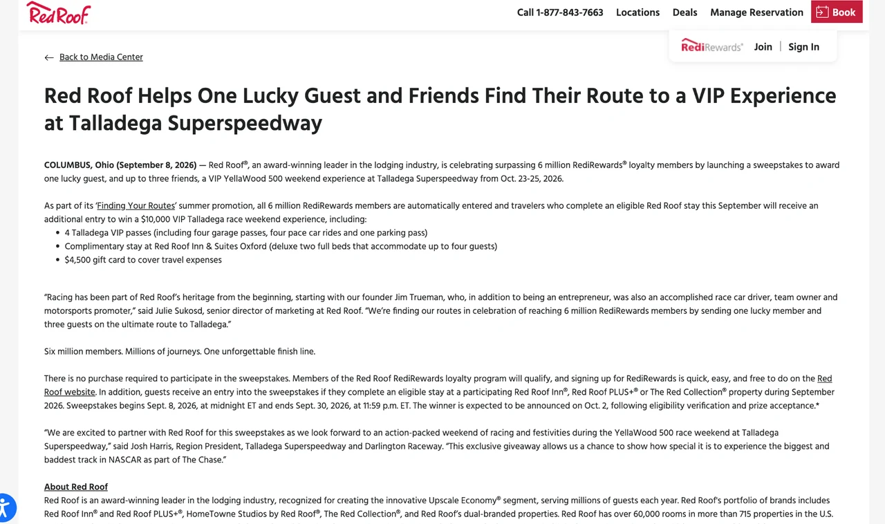 Red Roof — Find Your Route to Talladega Red Roof Talladega VIP sweepstakes announcement describing the Talladega Superspeedway prize package.