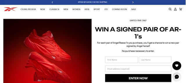 Official Reebok giveaway page showing red Angel Reese 1 shoes for the signed AR1 sweepstakes