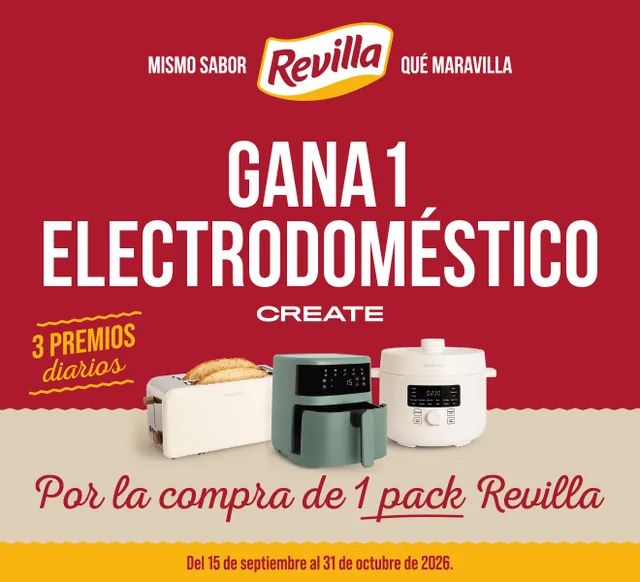 Página oficial de Revilla Sabor con el mensaje «Gana 1 electrodoméstico Create, 3 premios diarios por la compra de 1 pack Revilla».