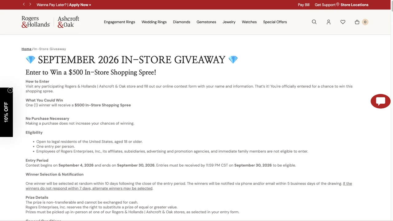 Official Rogers & Hollands September 2026 in-store giveaway page showing the $500 shopping spree promotion.