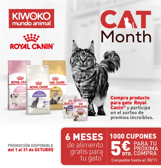 Página oficial de la promoción Royal Canin Cat Month en Kiwoko con el mensaje «6 meses de alimento gratis para tu gato» y «1000 cupones 5 €».