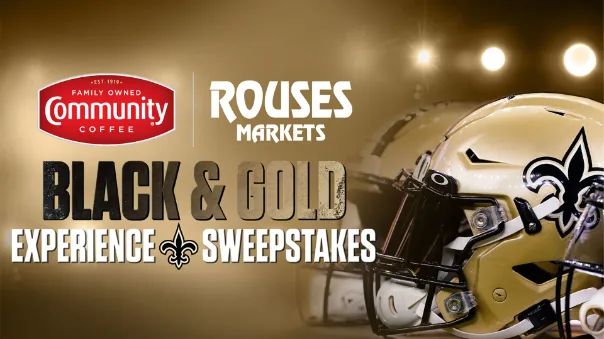 Banner of the Saints Black & Gold Experience Sweepstakes with the Community Coffee and Rouses Markets logos beside a Saints helmet.