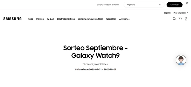 Captura oficial de Samsung Argentina para el sorteo septiembre Galaxy Watch9 2026.