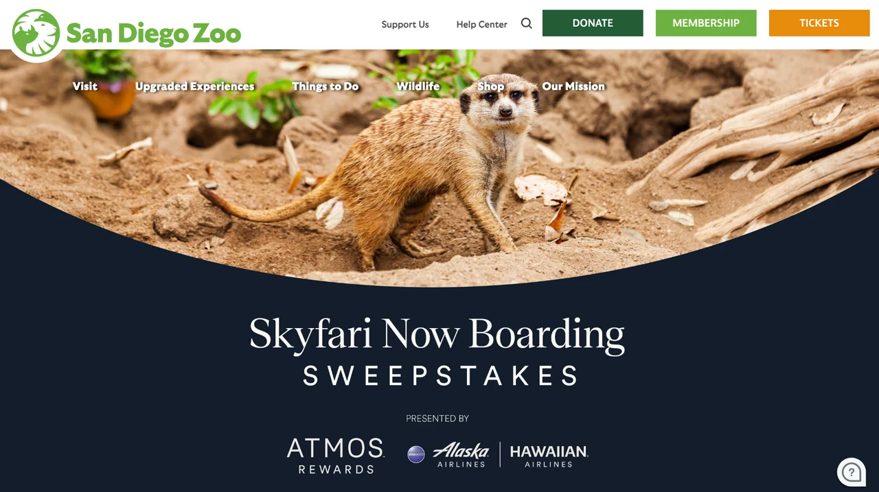 Official Skyfari Now Boarding Sweepstakes visual from the San Diego Zoo website.