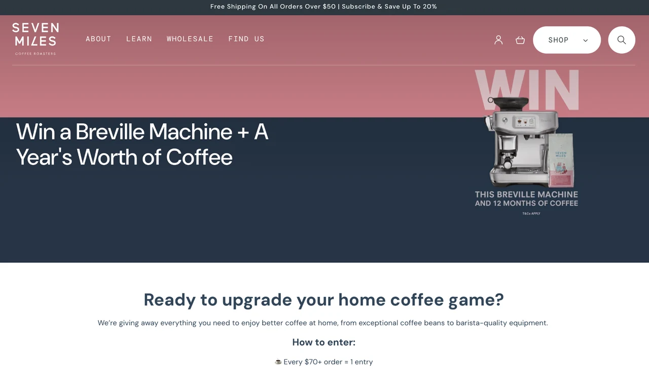 Official Seven Miles Coffee Roasters screenshot showing the Breville machine and one-year coffee giveaway.