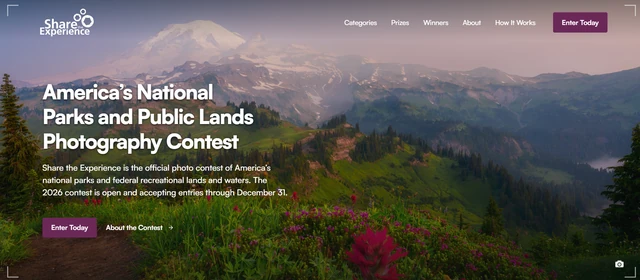 Official Share the Experience 2026 photography contest page featuring a national parks landscape and entry call.