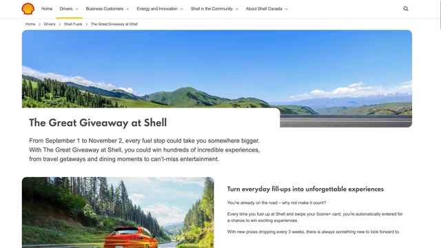 Shell Canada Great Giveaway page showing a road-trip scene and information about travel, dining and entertainment prizes