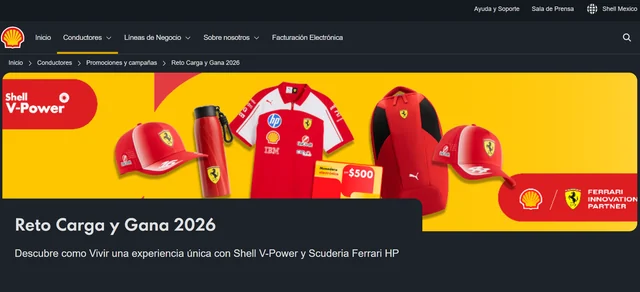 Promoción Shell Reto Carga y Gana 2026 con mercancía Scuderia Ferrari HP y premios