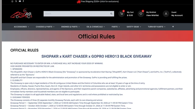 Official rules page for the ShopAKR x Kart Chaser x GoPro HERO13 Black Giveaway.