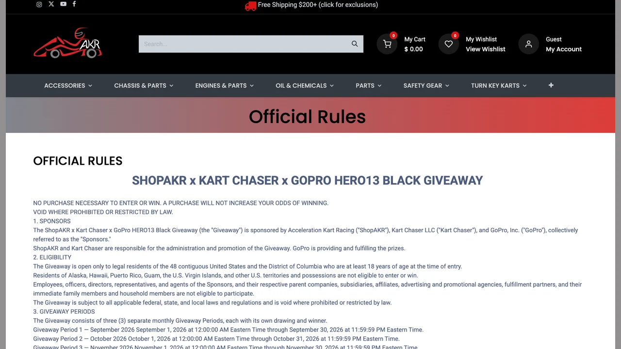 Official rules page for the ShopAKR x Kart Chaser x GoPro HERO13 Black Giveaway.