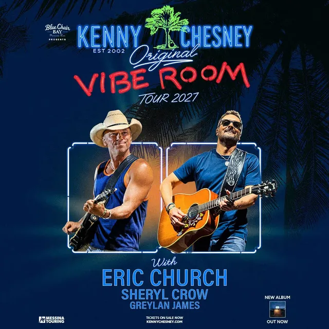 Tour poster for the Kenny Chesney Original Vibe Room Tour 2027 with Kenny Chesney and Eric Church.