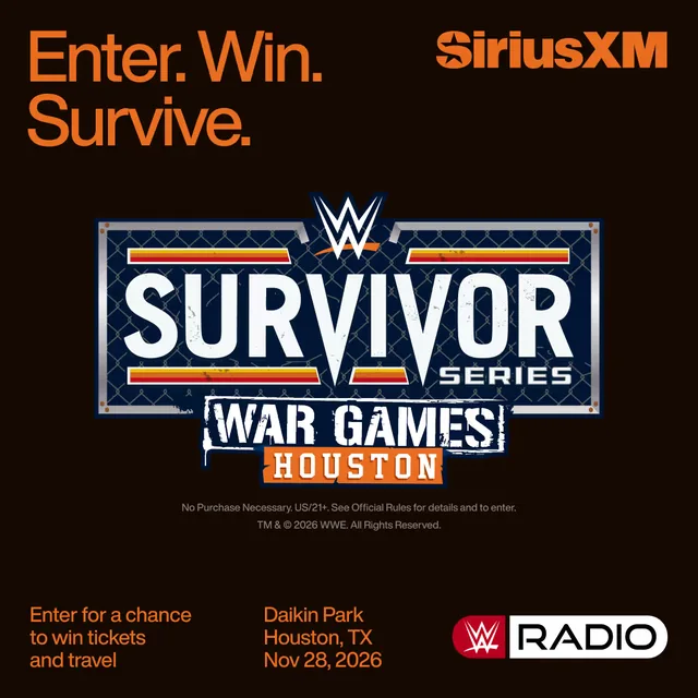SiriusXM creative reading "Enter. Win. Survive." with the Survivor Series WarGames logo, Daikin Park in Houston and the date November 28, 2026.