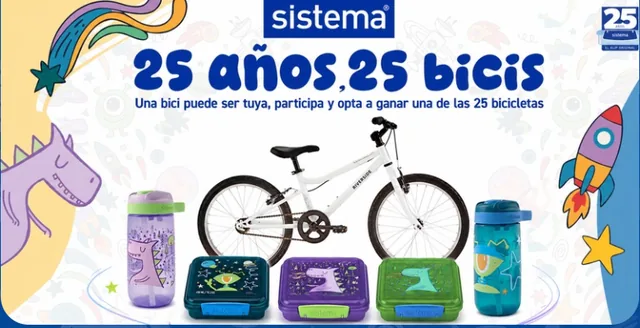 Página oficial de la promoción de Sistema con el mensaje «25 años, 25 bicis» y una bicicleta infantil junto a botellas y fiambreras de la marca.