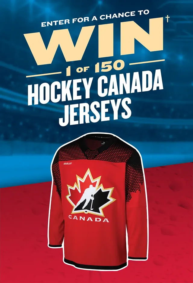 Sleeman contest creative reading 'Enter for a chance to win 1 of 150 Hockey Canada jerseys' above a red Hockey Canada jersey with the maple leaf logo, against a blue and red arena background.