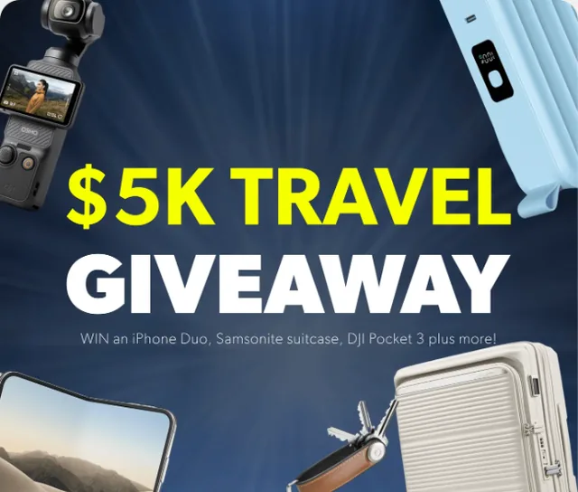 SNAP Wireless giveaway banner reading "$5K Travel Giveaway" over an iPhone Duo, a DJI Pocket 3 and a Samsonite suitcase.