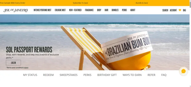 Official Sol Passport Rewards page showing the active Sol de Janeiro sweepstakes section.