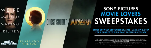 Sony Pictures Movie Lovers Sweepstakes banner with posters for The Social Reckoning, Klara and the Sun, Ghost Soldier and Jumanji: Open World, and the entry dates.