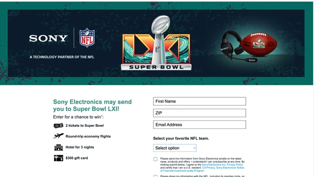 Sony Electronics 2026 Super Bowl LXI Sweepstakes Screenshot of the Sony Electronics Super Bowl LXI sweepstakes showing the game-trip prize package