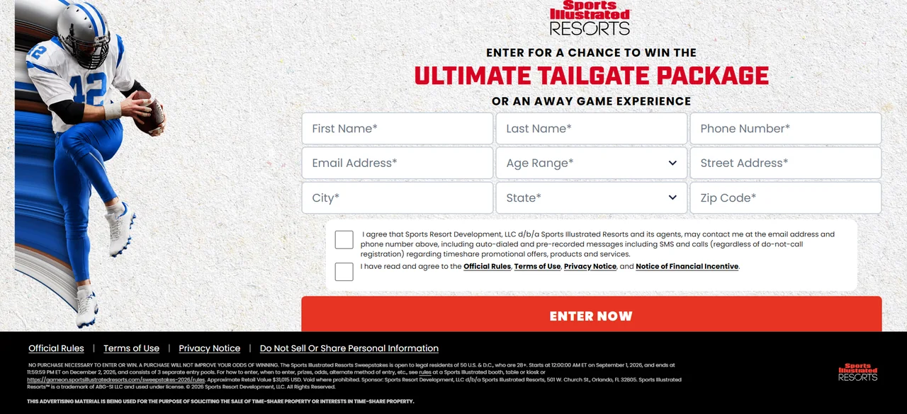 Official Sports Illustrated Resorts sweepstakes entry page for the 2026 football promotion.
