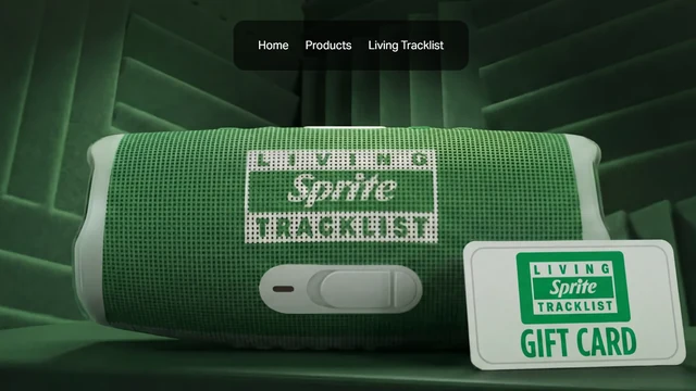 Sprite Living Tracklist promotion visual showing a branded Bluetooth speaker and gift card