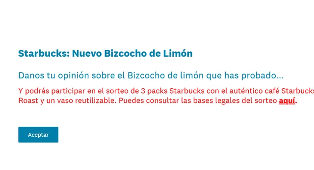 Pantalla oficial de Starbucks España invitando a completar la encuesta del Bizcocho de Limón para entrar en el sorteo de 3 packs Starbucks.