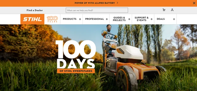 Official 100 Days of STIHL Sweepstakes page featuring the STIHL mower campaign visual