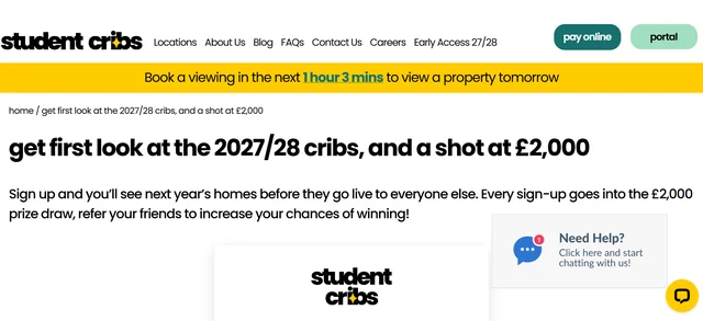 Official Student Cribs Rent Release competition page showing the £2,000 student referral promotion.