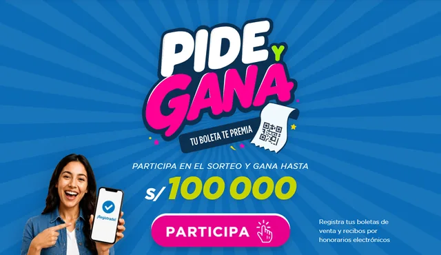 Página oficial del sorteo de la SUNAT con el mensaje «Pide y gana, tu boleta te premia» y una persona mostrando su comprobante registrado en el teléfono.