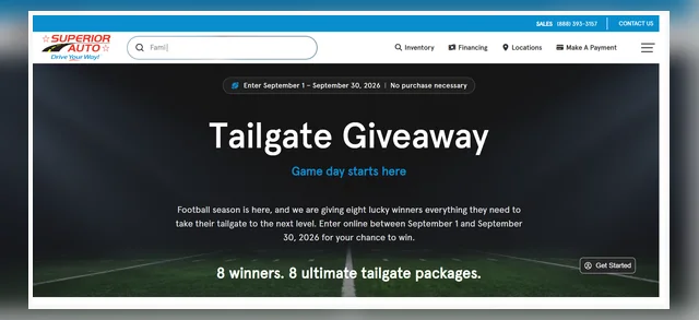 Official Superior Auto Tailgate Giveaway page showing the football-themed hero section and the entry window.