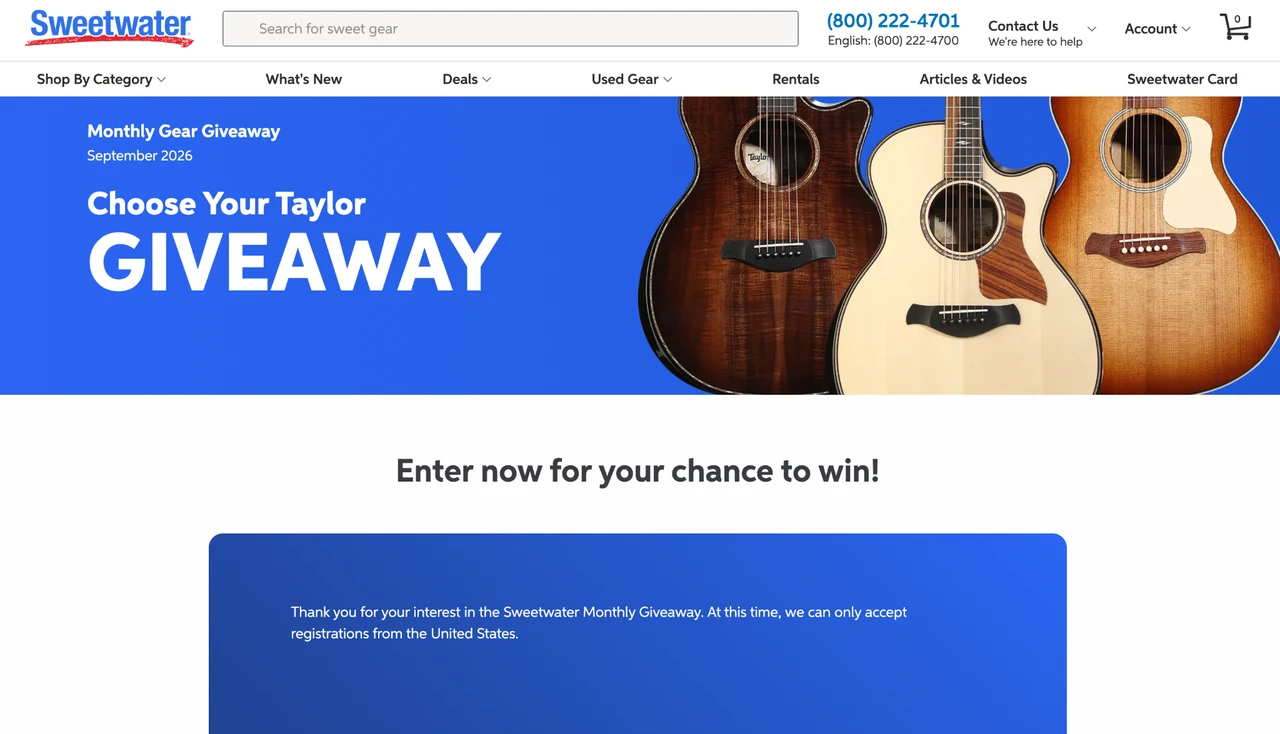 Sweetwater giveaway landing page promoting the Choose Your Taylor Giveaway for September 2026.