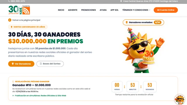 Tarjeta Sol 30 años: 30 premios de $1.000.000 Captura de Tarjeta Sol por su 30 aniversario con 30 días, 30 ganadores y 30 millones de pesos en premios