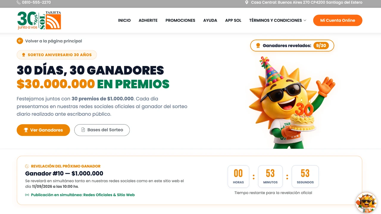 Tarjeta Sol 30 años: 30 premios de $1.000.000 Captura de Tarjeta Sol por su 30 aniversario con 30 días, 30 ganadores y 30 millones de pesos en premios
