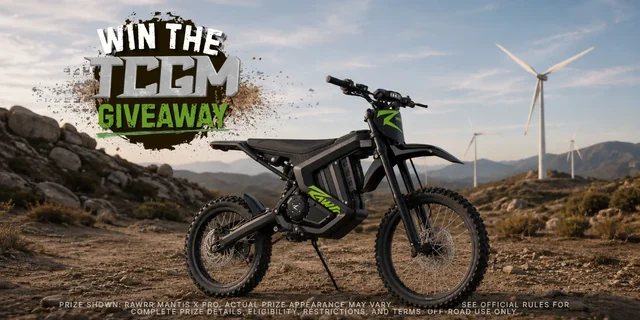 TCGM 2026 Tech Tour giveaway visual featuring the Rawrr Mantis X Pro electric off-road motorcycle