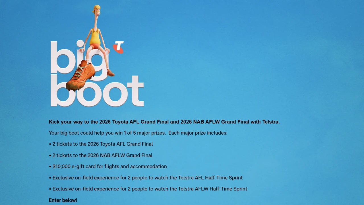 Telstra Big Boot 2026 Telstra Big Boot 2026 promotion page describing AFL and AFLW Grand Final major prizes