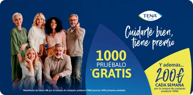 Banner de la promoción TENA «Cuidarte bien, tiene premio» con un grupo de personas, «1000 pruébalo gratis» y «200 € cada semana».