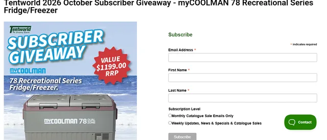 Tentworld subscriber giveaway page with the title of the October myCOOLMAN 78 giveaway, a banner showing the fridge with a $1,199 value and a subscription form.