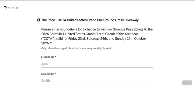 Official entry form page for The Race COTA United States Grand Prix Grounds Pass Giveaway 2026.