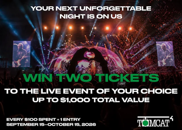 Official TOMCAT promotional artwork for Your Next Unforgettable Night Is On Us 2026.