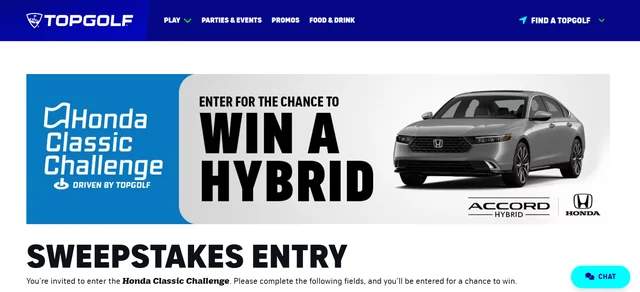 Topgolf Honda Classic Challenge page inviting entrants to win a 2026 Honda hybrid